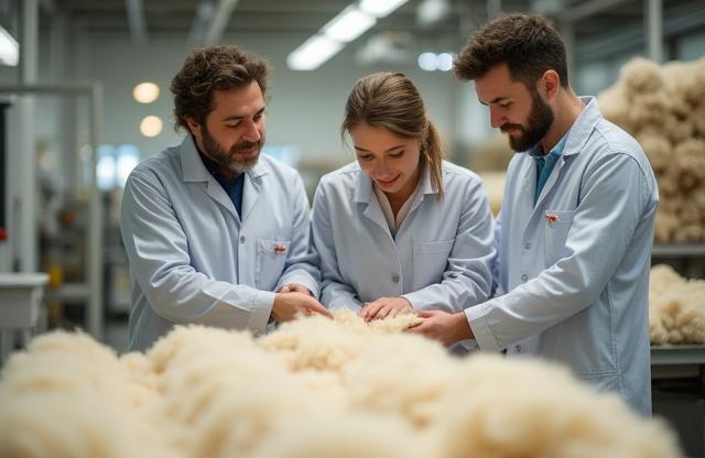 Team members inspecting wool fibers in a processing facility