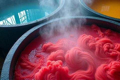 Image showing vats of colored dye being used for wool yarn