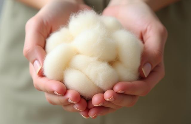 Hands holding clean, high-quality processed wool fibers